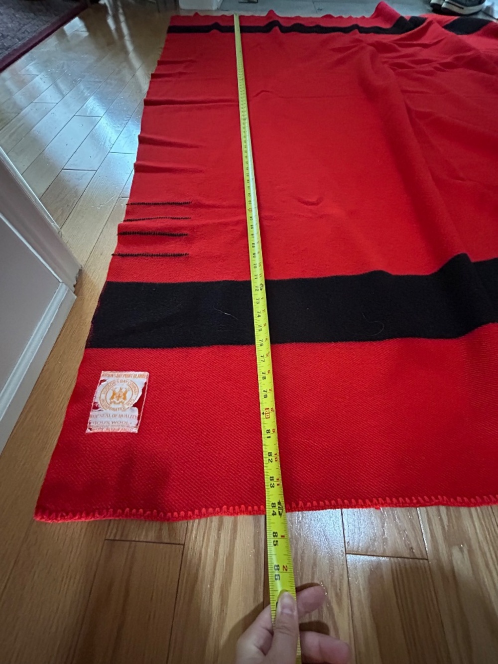 Vintage Hudson’s Bay Company 4 Point Wool Blanket Red Black Stripe 84" x 68" - Picture 2 of 10